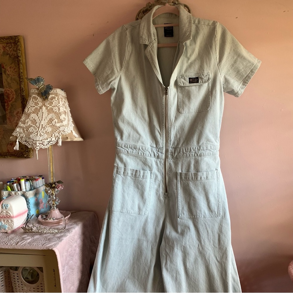 RVCA Blue and White Striped Jumpsuit